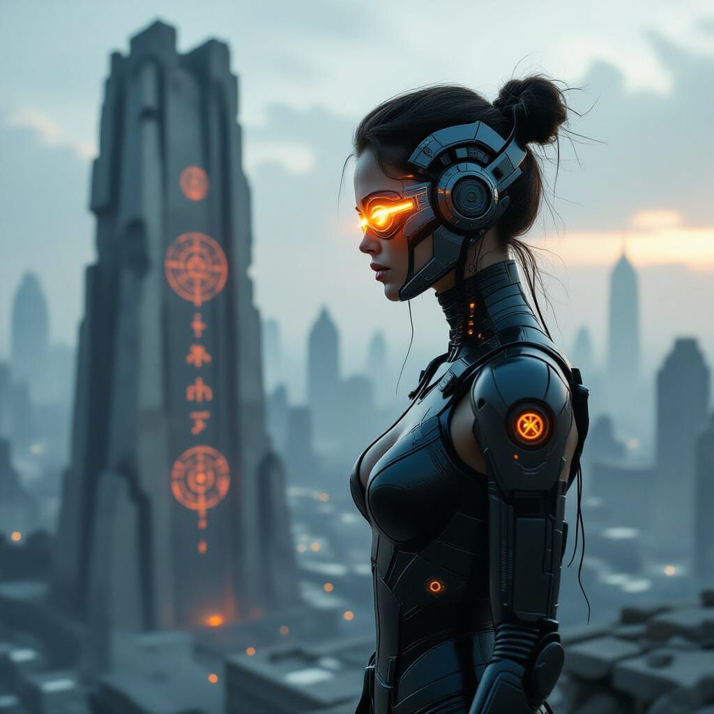 Cybernetic Woman Surveys Desolate City