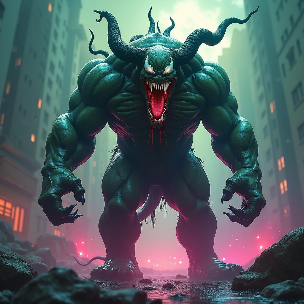 Venom Hulk Demon Fusion in Dark Comic Style