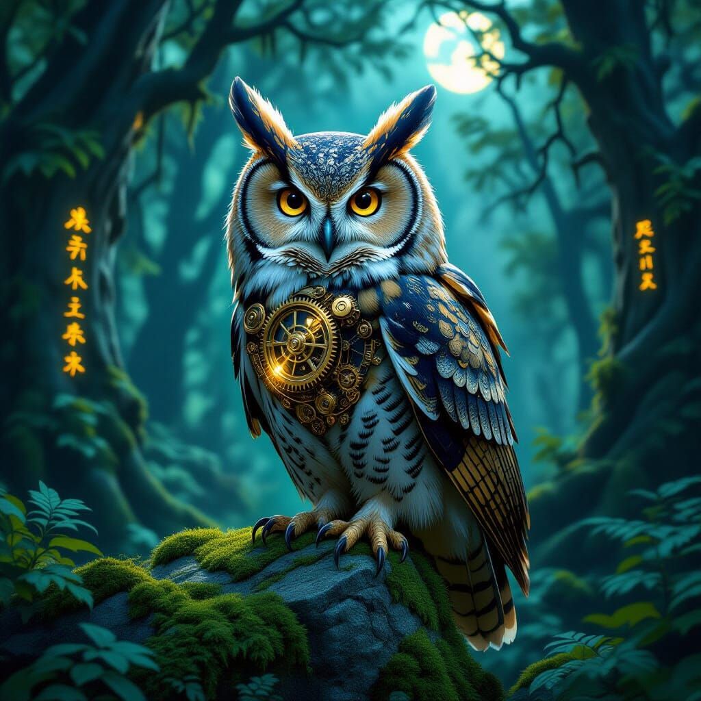 Clockwork Owl in Enchanted Forest: Digital Impasto Painting