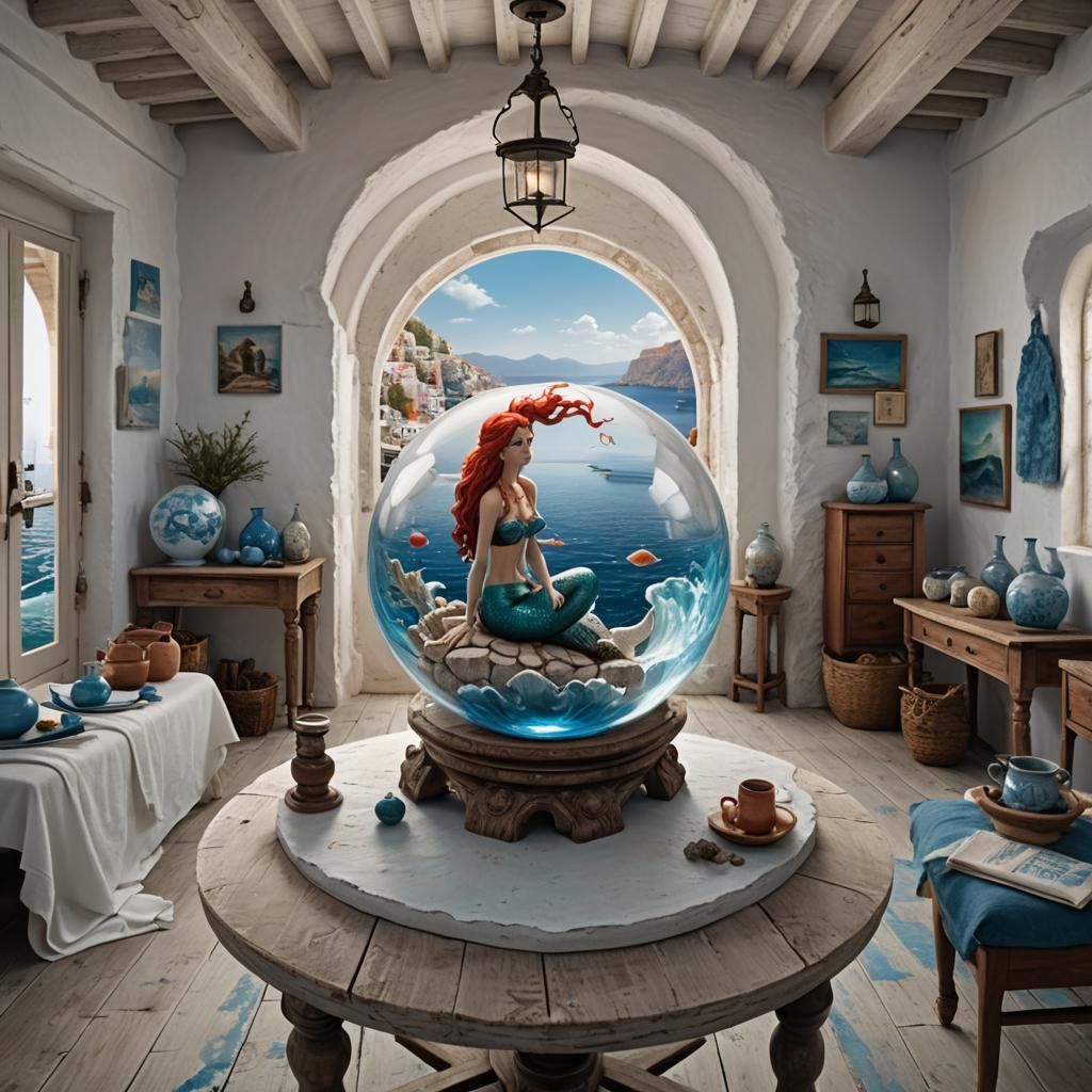 Red-Haired Mermaid Trapped in Glass Sphere