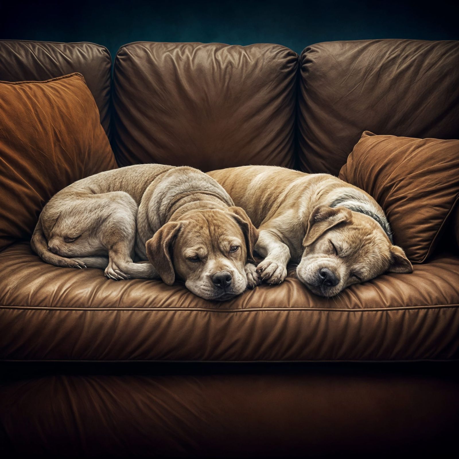 Two Elderly Pit Bulls Asleep on Couch