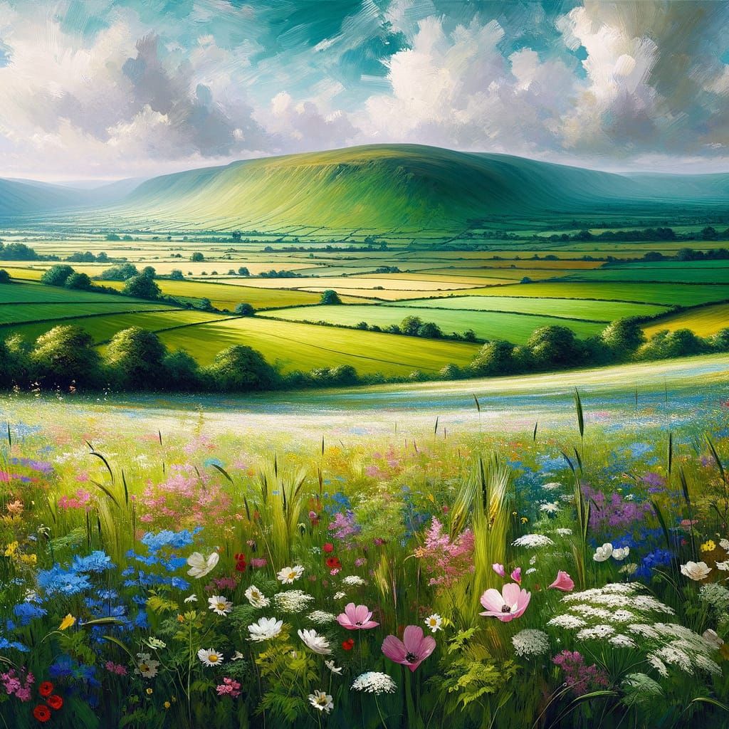Lush Green Fields with Scattered Wildflowers Under Vast Sky