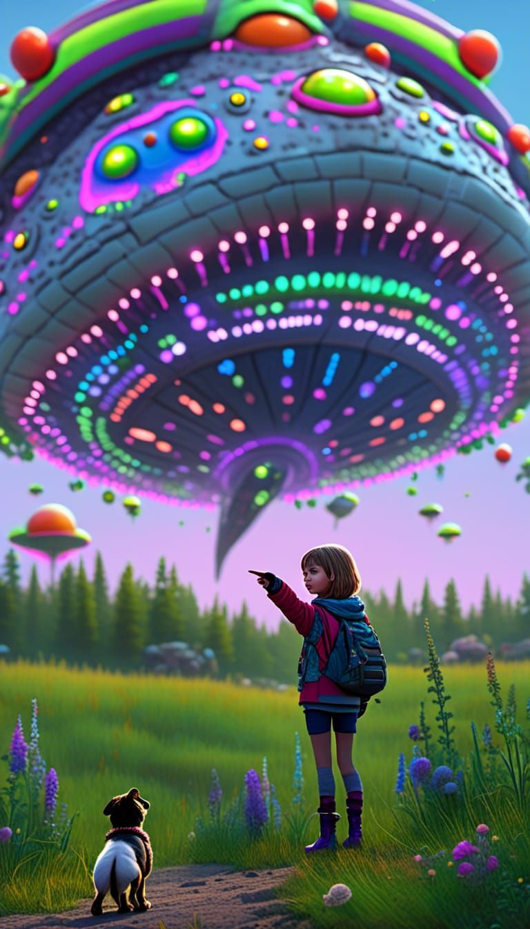 Girl and Dog Greet Alien Spaceship in Digital Art