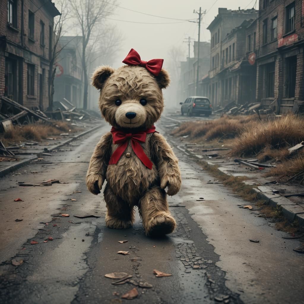 Teddy Bear in Post-Apocalyptic Cityscape