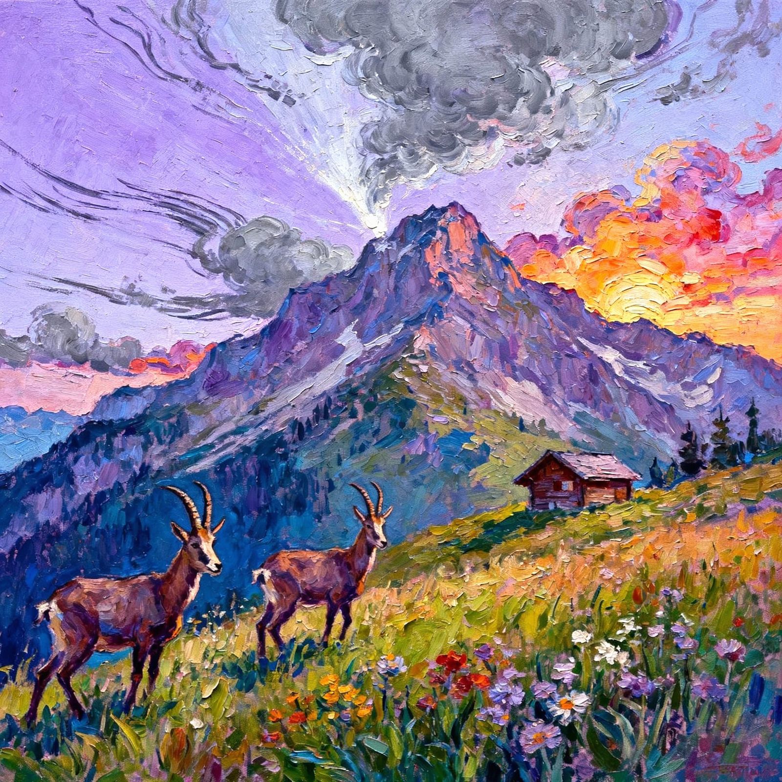 Joyful Alpine Cabin in Mystical Mountain Sunset