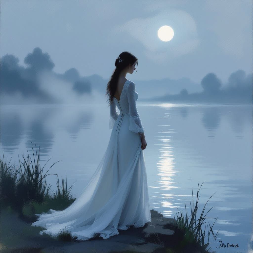 Serene Woman at Misty Lake in Impressionistic Style