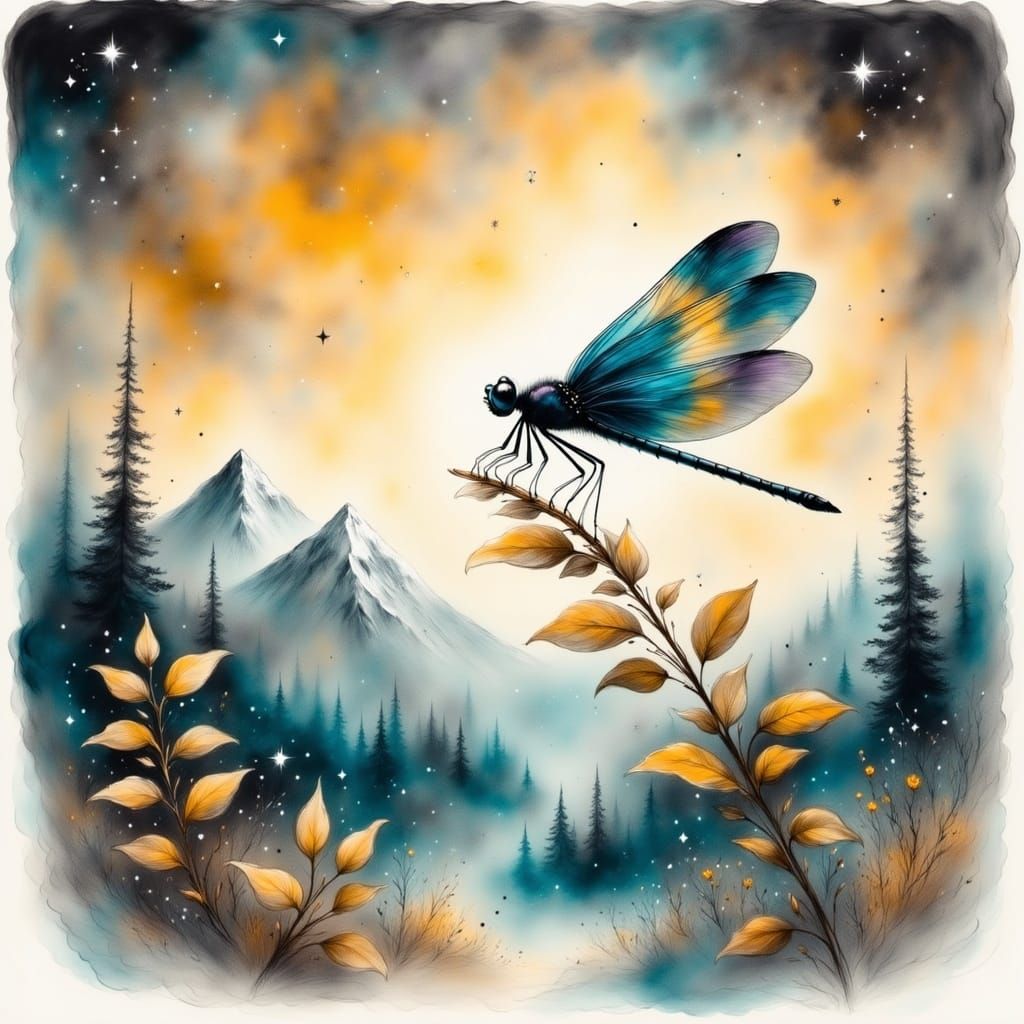 Ethereal Dragonfly in Serene Watercolor Landscape