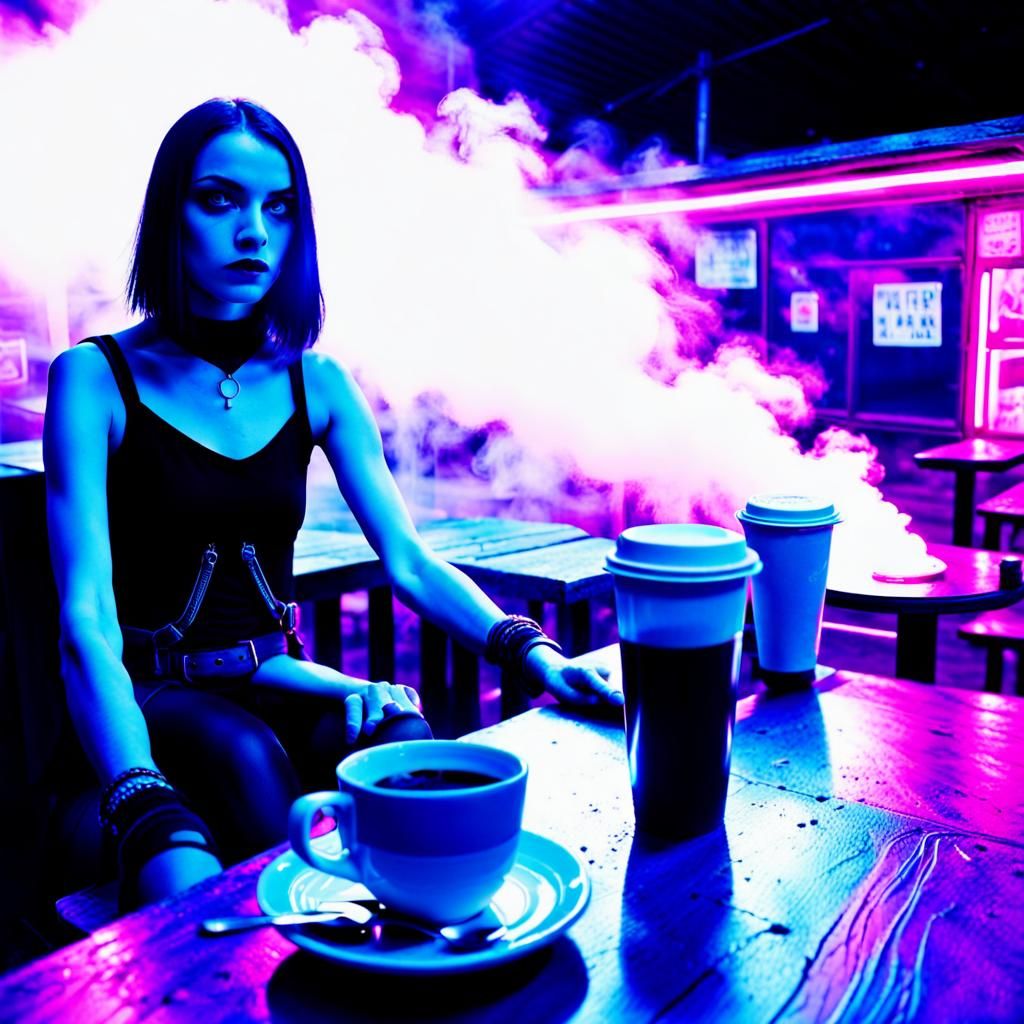 Goth Model in Neon Lit Coffee Shop