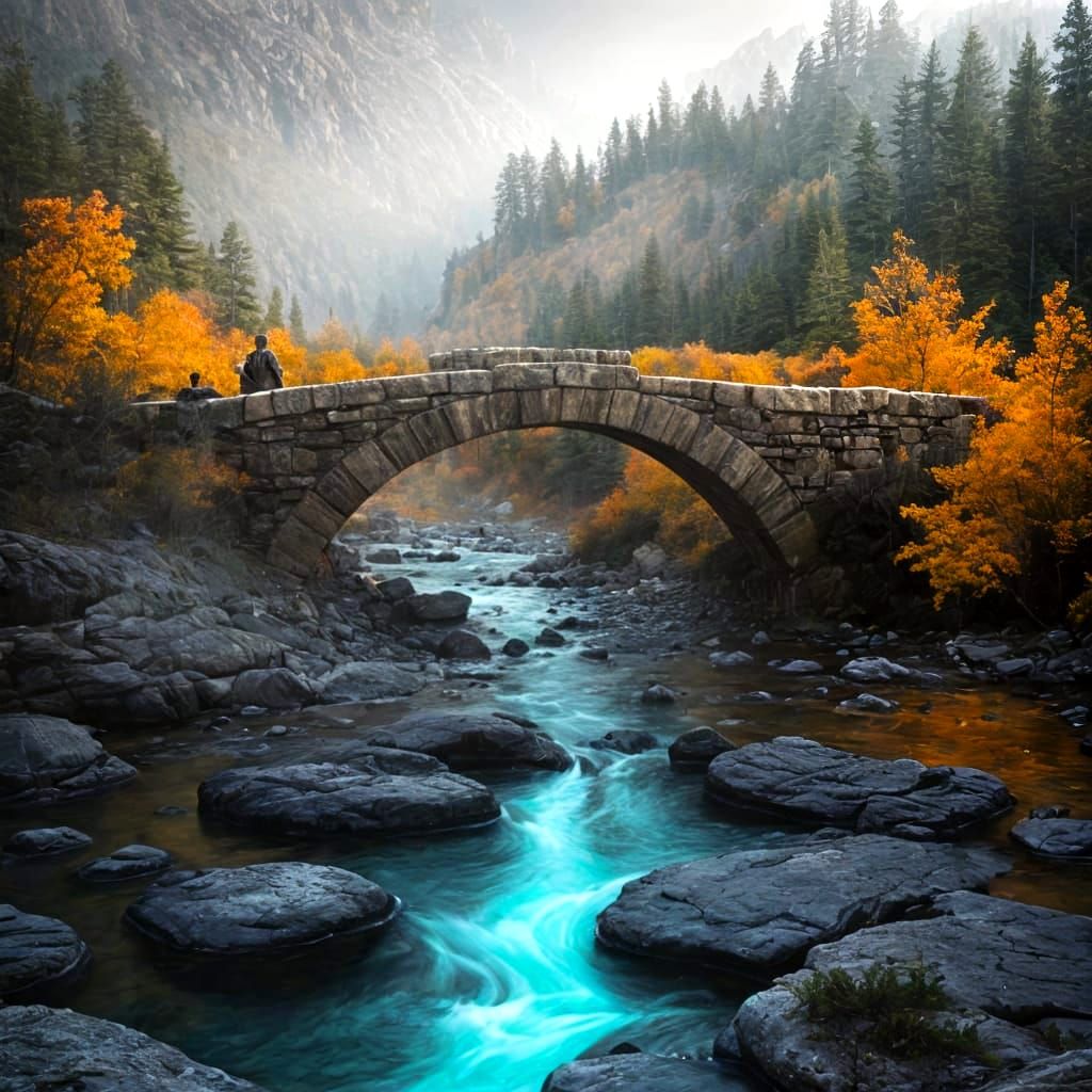 Monumental Stone Bridge Over Geyser Landscape
