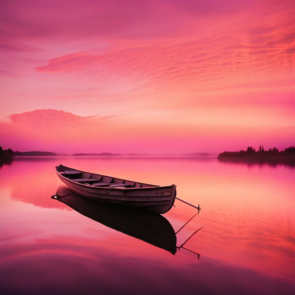 Rowboat on Serene Lake at Sunrise: Surreal Landscape