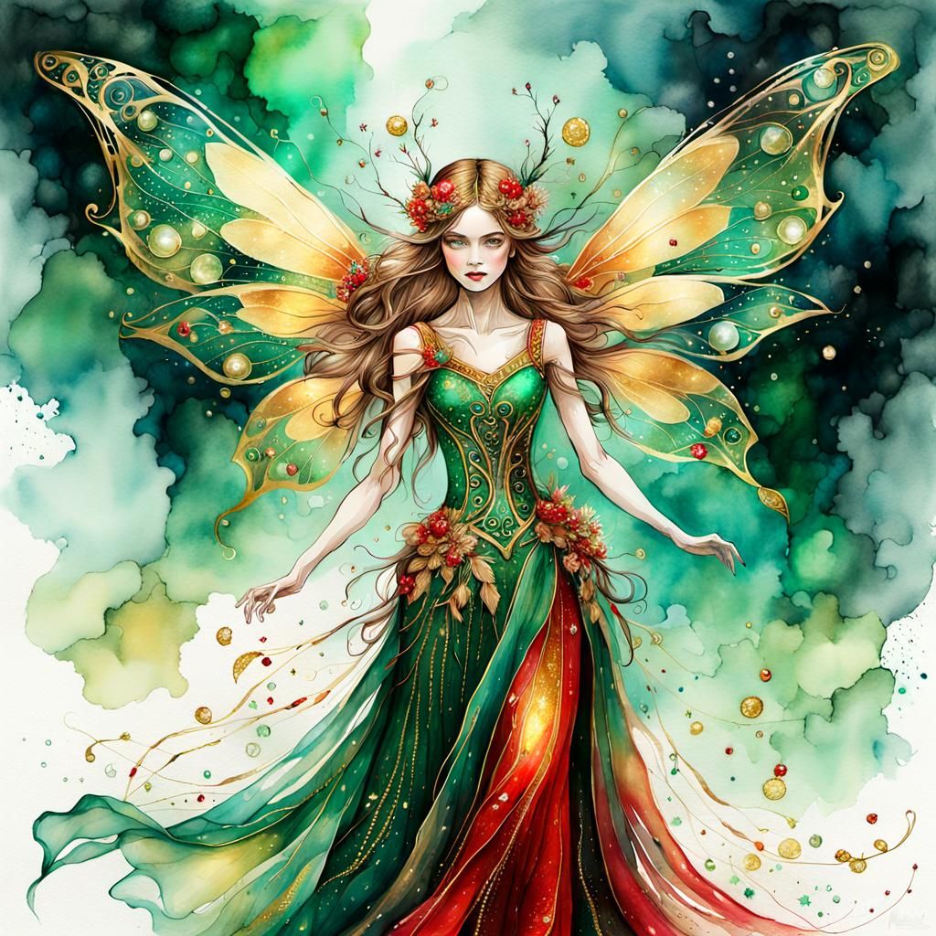 Detailed Scarlet and Gold Fairy in Diaphanous Gown