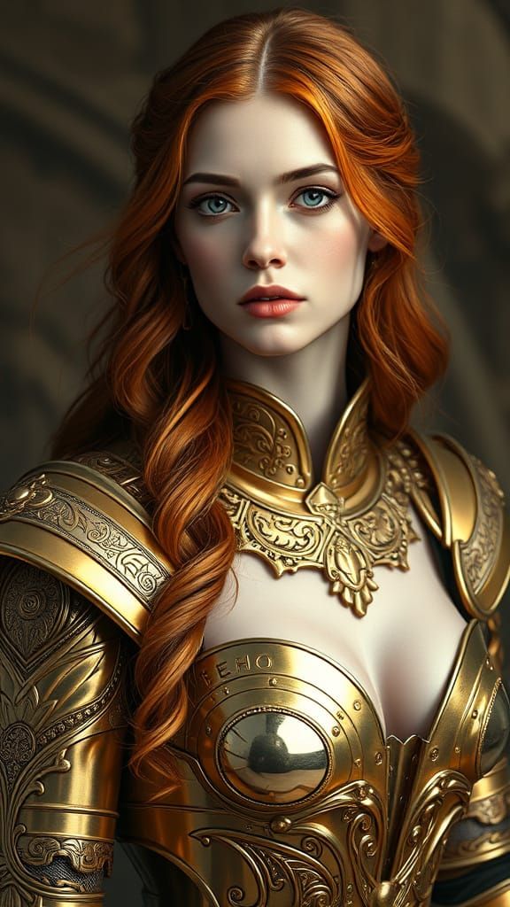 Golden Princess in Medieval Armor with Wavy Red Hair