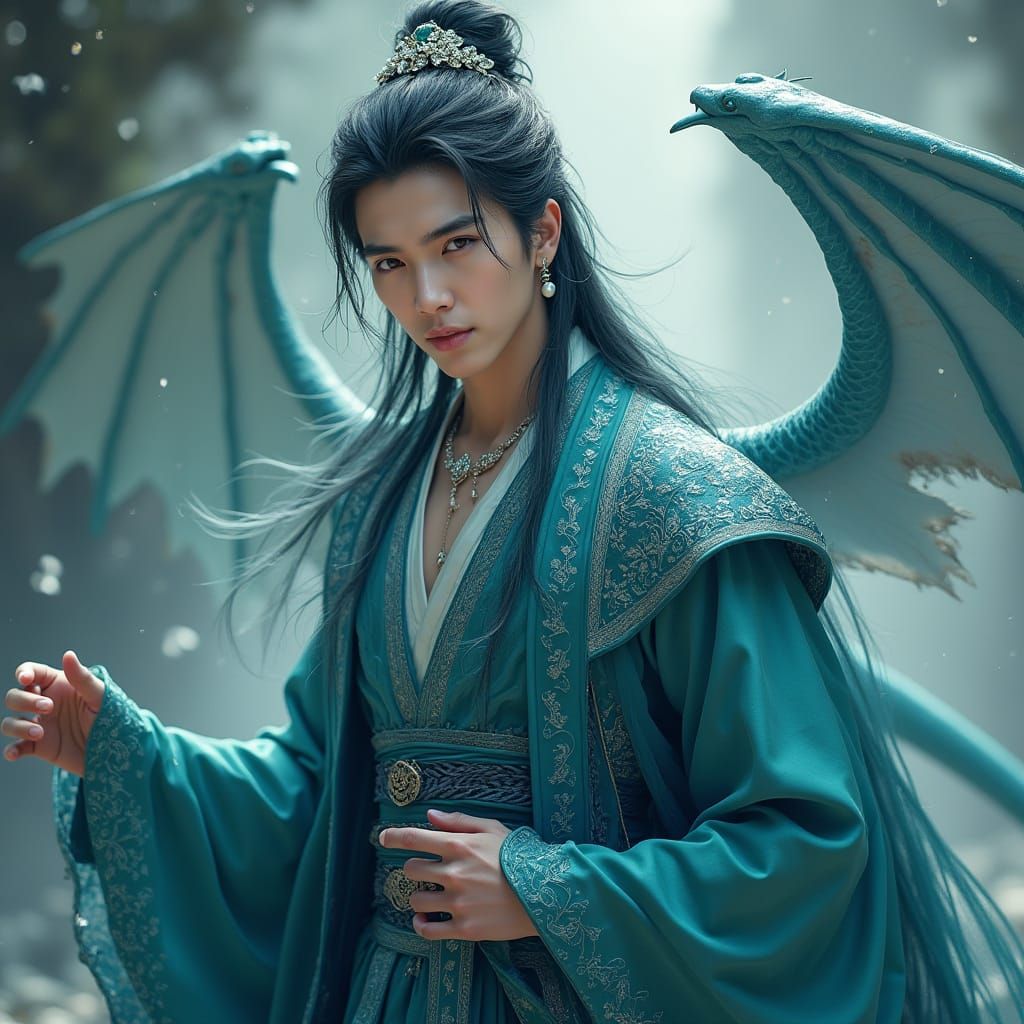 Elegant Fantasy Prince with Descending Dragon Wings