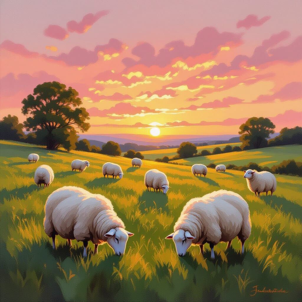 Sheep Grazing at Sunset Oil Painting