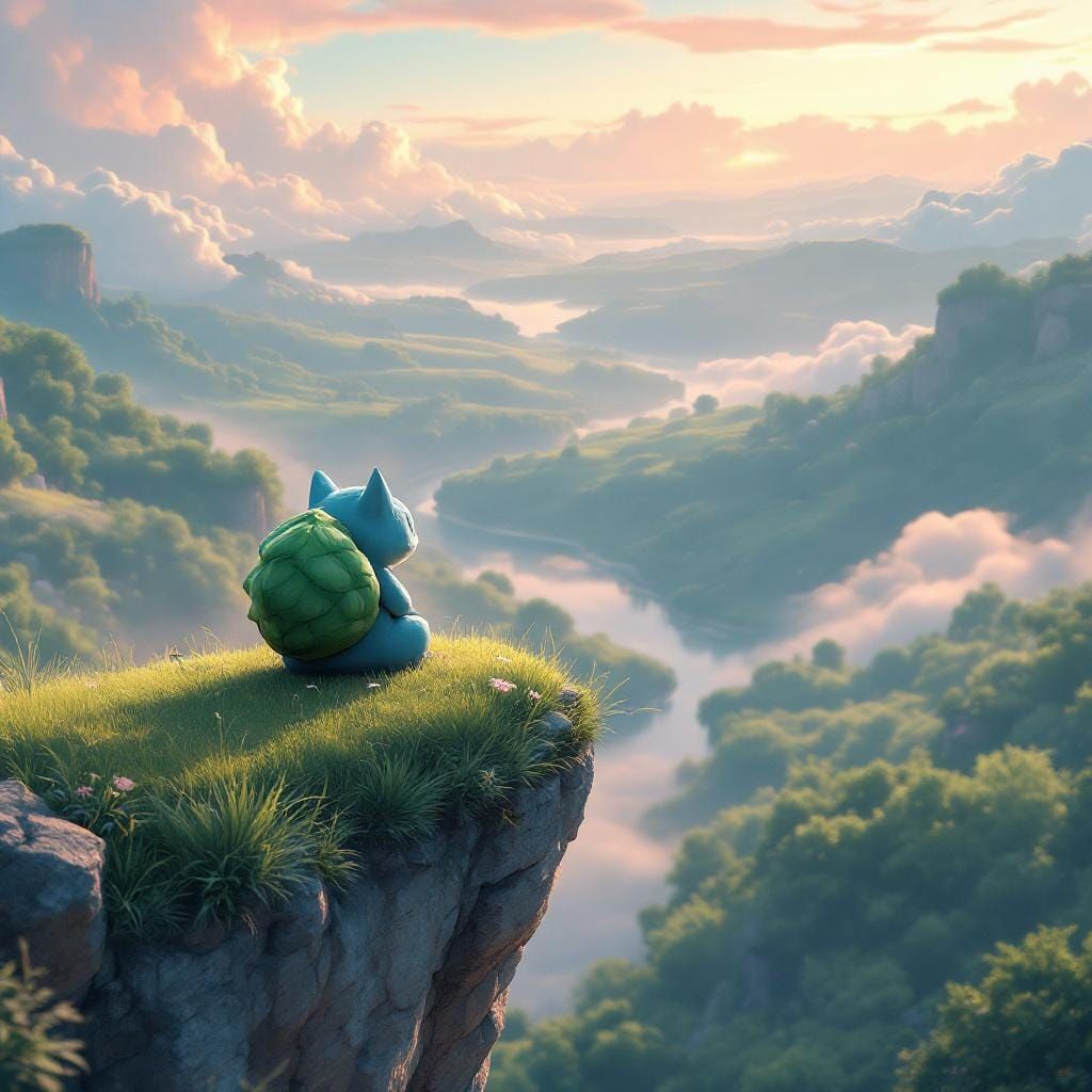 Bulbasaur Contemplates Destiny in Tranquil Fantasy Landscape