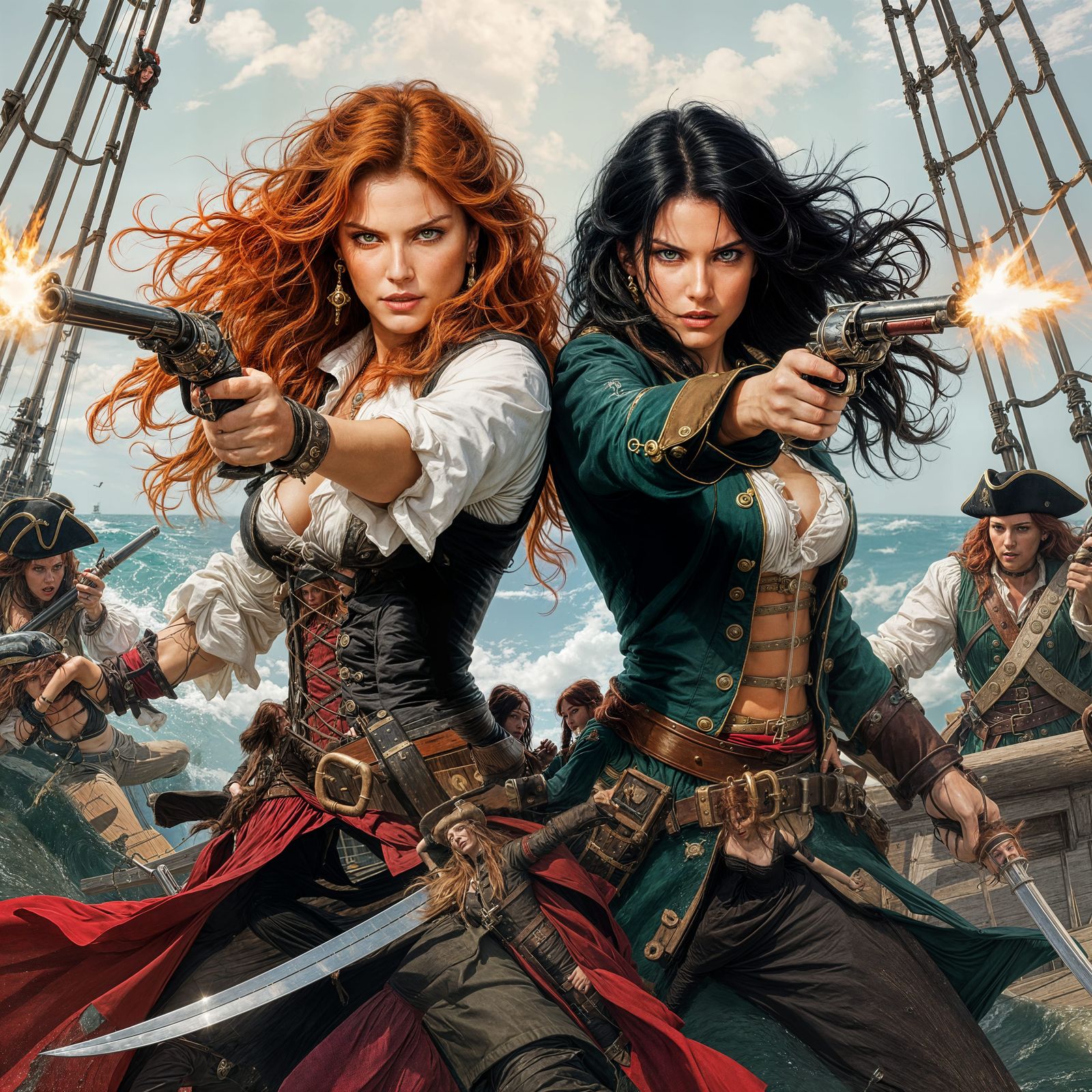 Pirate Queens Anne Bonny and Mary Read in Battle