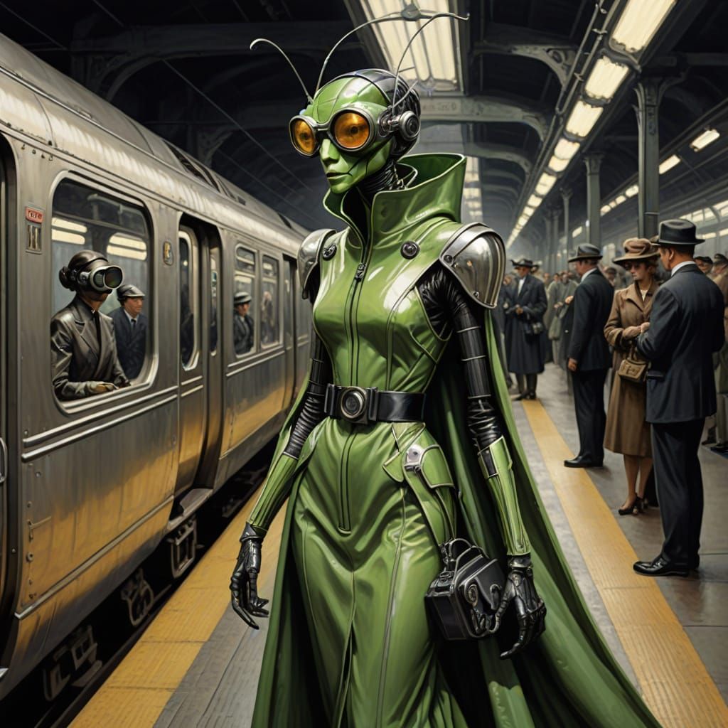 Mantis in Futuristic Edwardian Attire Waits for Train