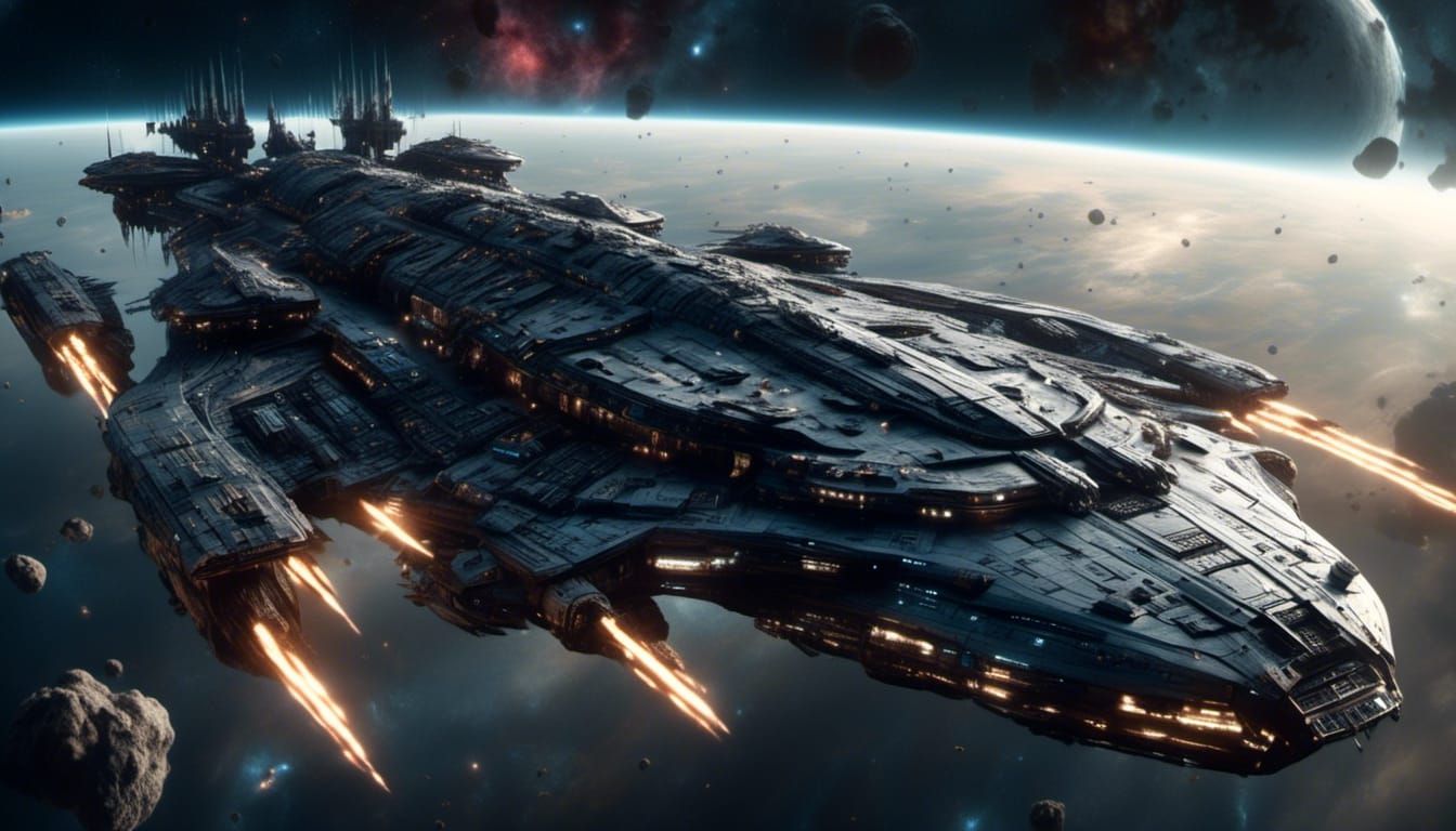 Battlestar Gliding Through Space with Armored Hull