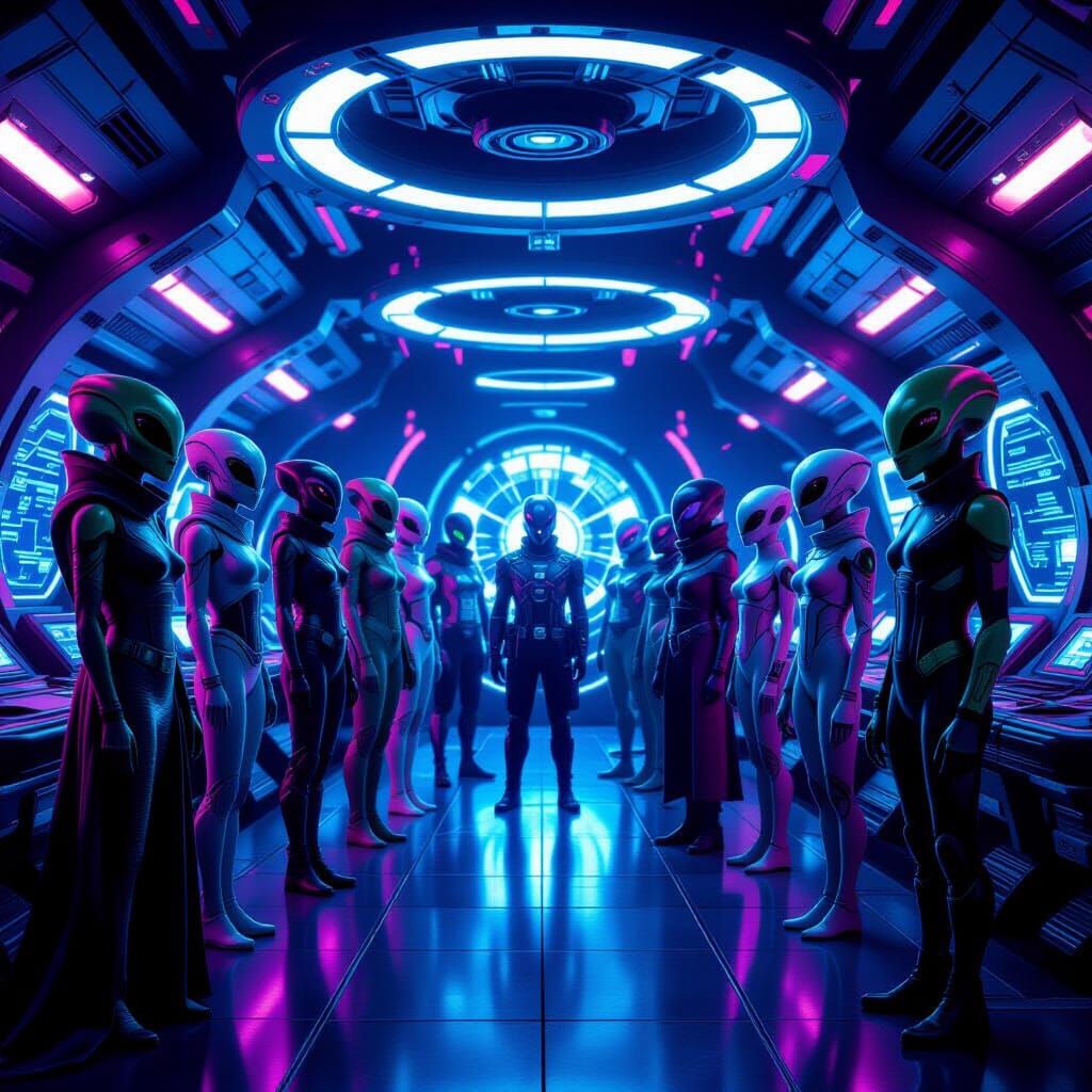 Diverse Aliens in Futuristic Spaceship Control Room