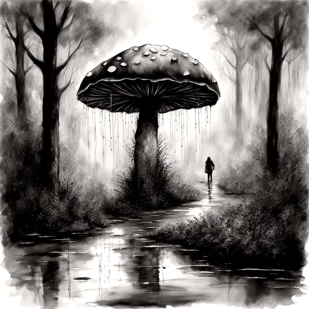 Woman Shelters Under Giant Mushroom in Heavy Rain