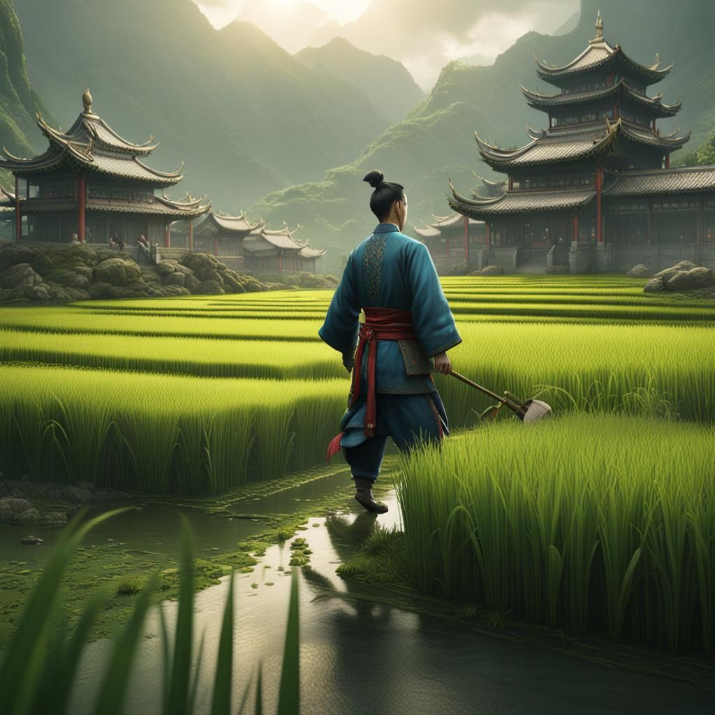 Chinese Man in Rice Paddy Field: Detailed Matte Painting