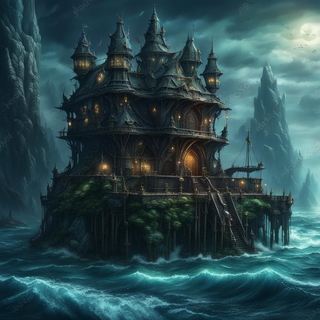 Dark Fantasy Sea Elven Outpost Digital Painting