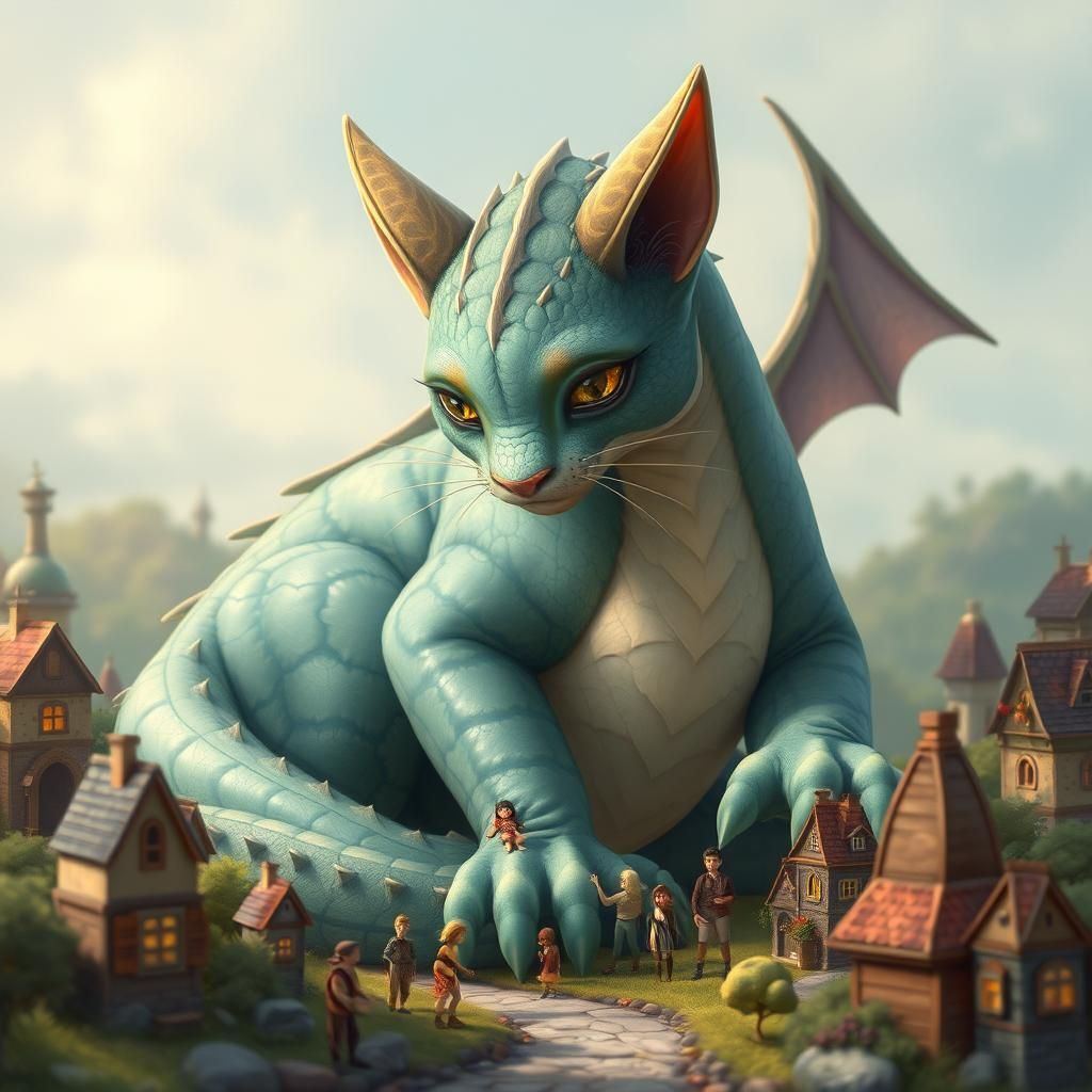 Gentle Giant Dragon Cat in Whimsical Village