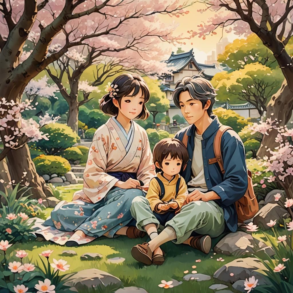 Anime Family Portrait in Ghibli-Inspired Garden
