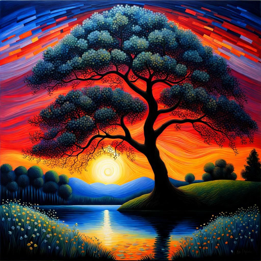 Lonely Tree at Sunset in Chagall-Friedrich Style