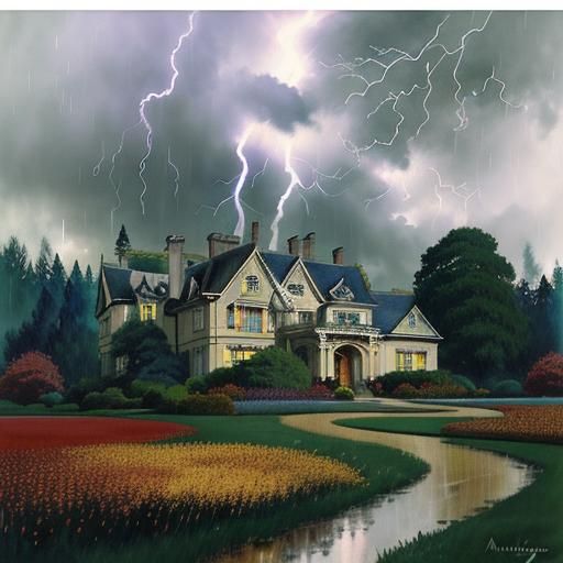 Vintage Car in Autumn Storm, Anime Watercolor Art