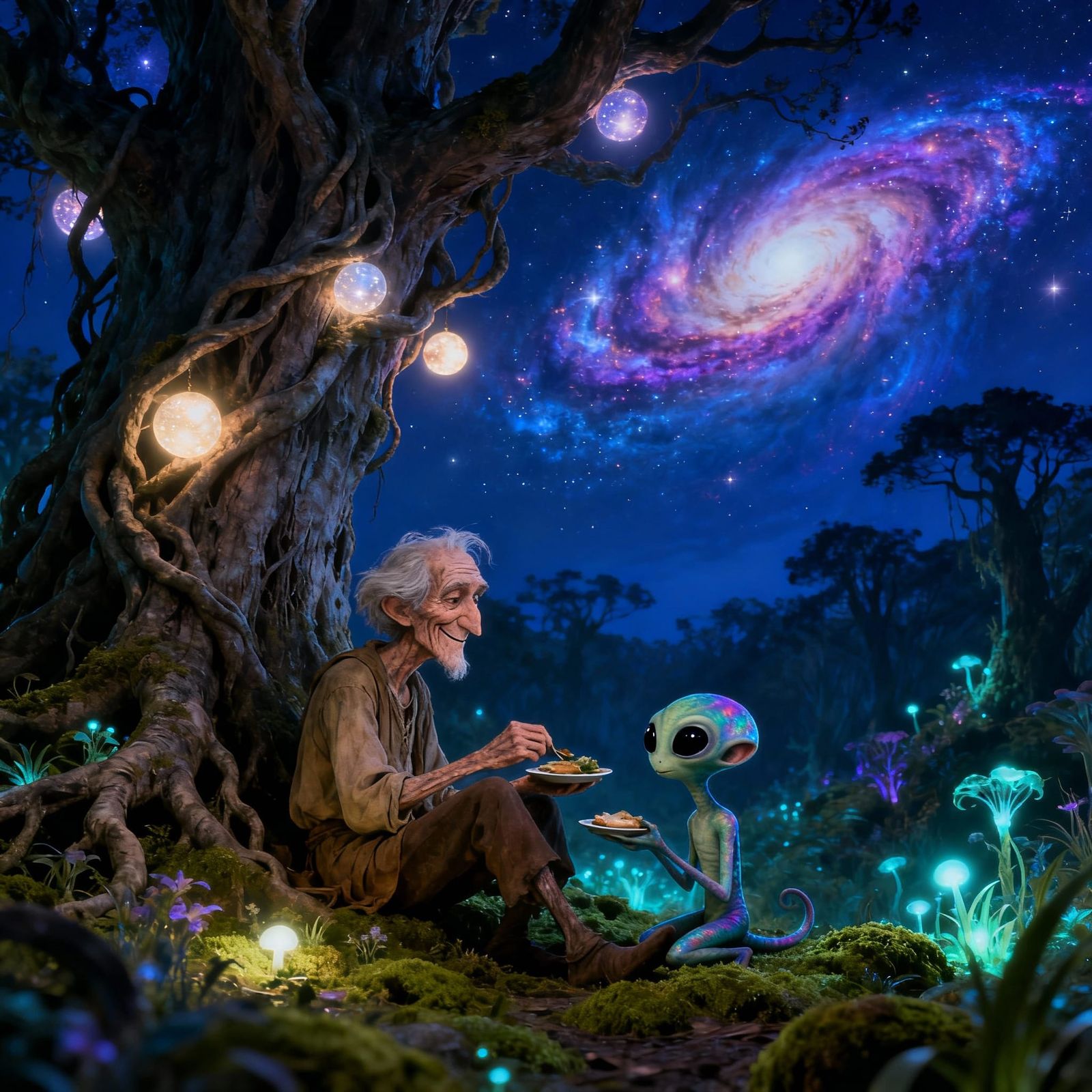 Old Man Shares Meal With Alien in Enchanted Forest