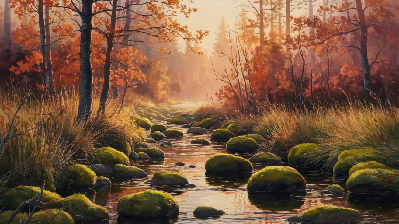 Red Haze Sunset Over Forest Stream, Impasto Style