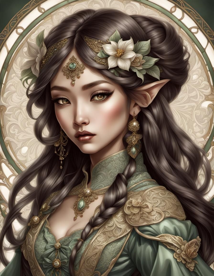 Asian Elf Girl Portrait in Victorian Art Nouveau Style