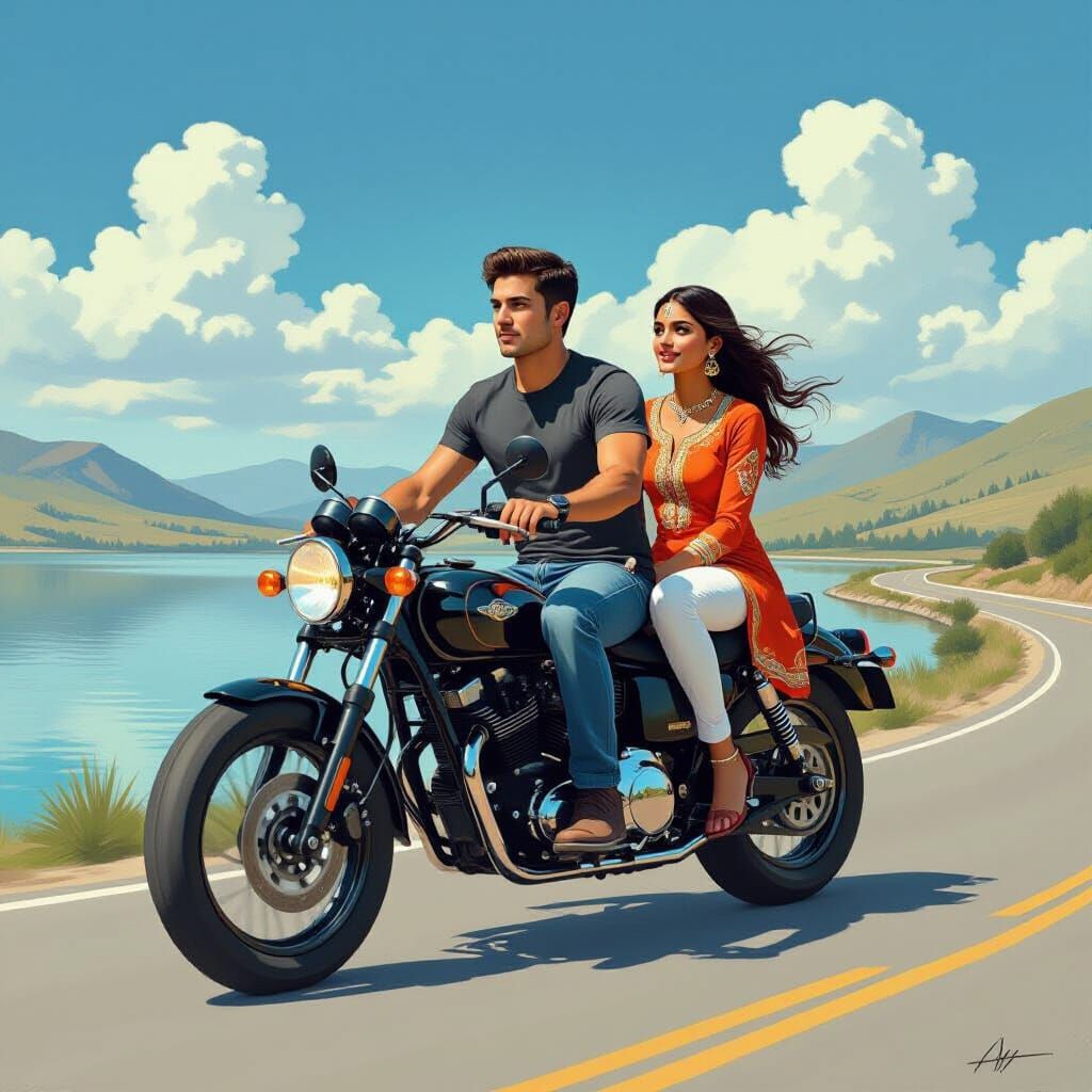 Couple on Motorbike by Tranquil Lake