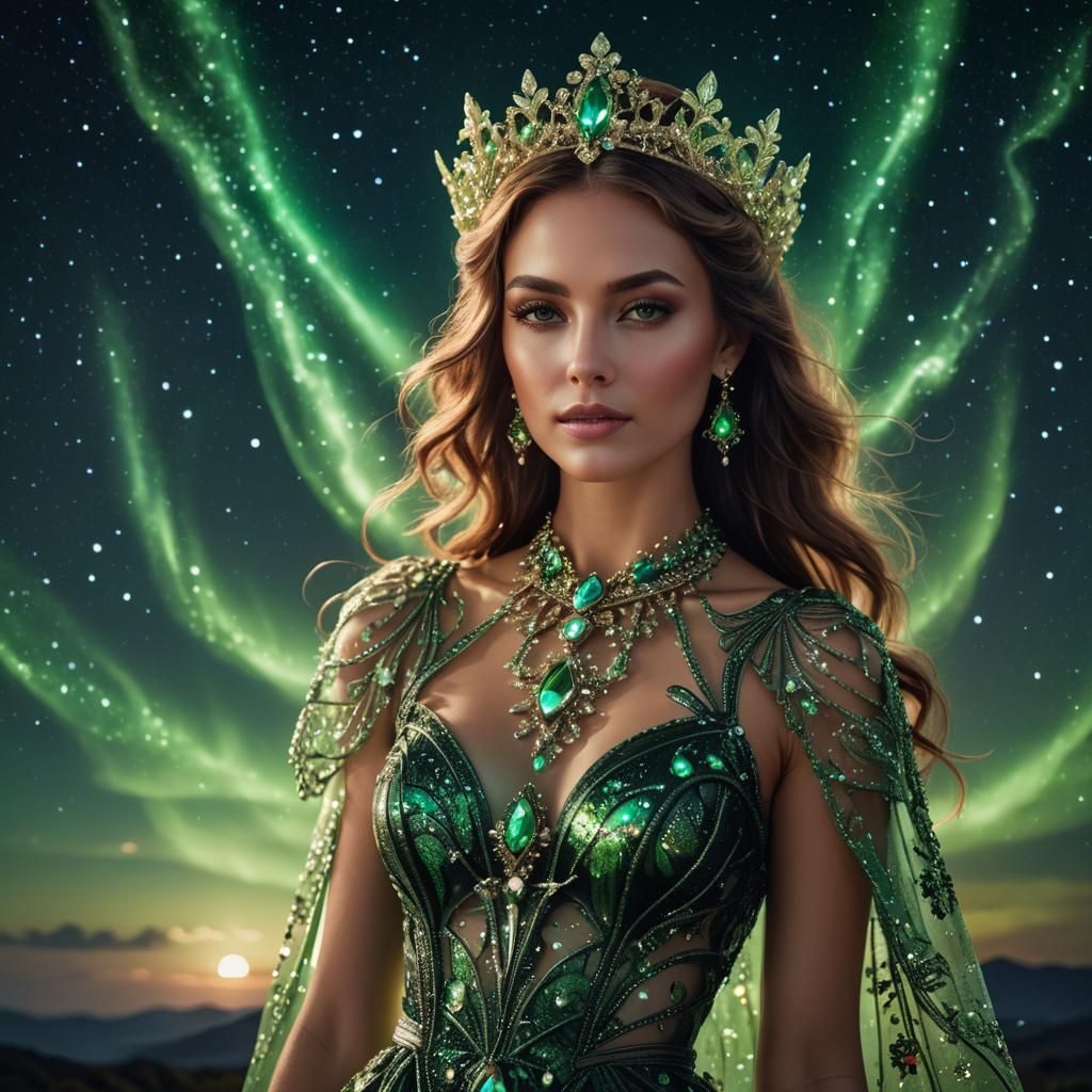 Woman in Green Glass Dress with Night Sky