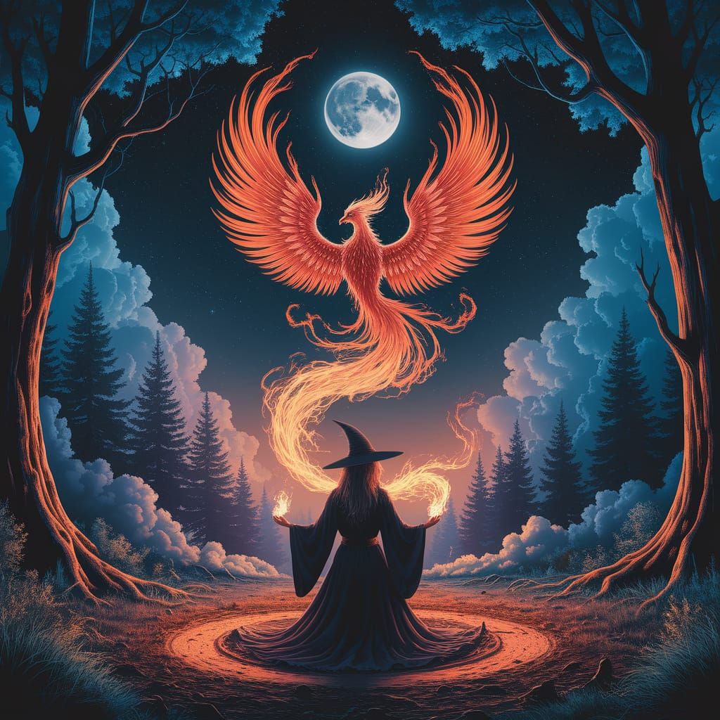 Witch's Fire Ritual With Phoenix Flames in Moonlit Forest