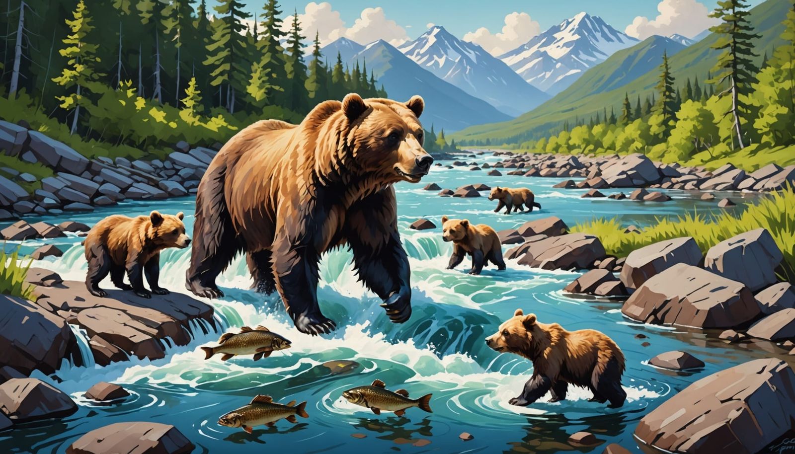 Bear and Cubs Fishing in Kamchatka: Oil Painting