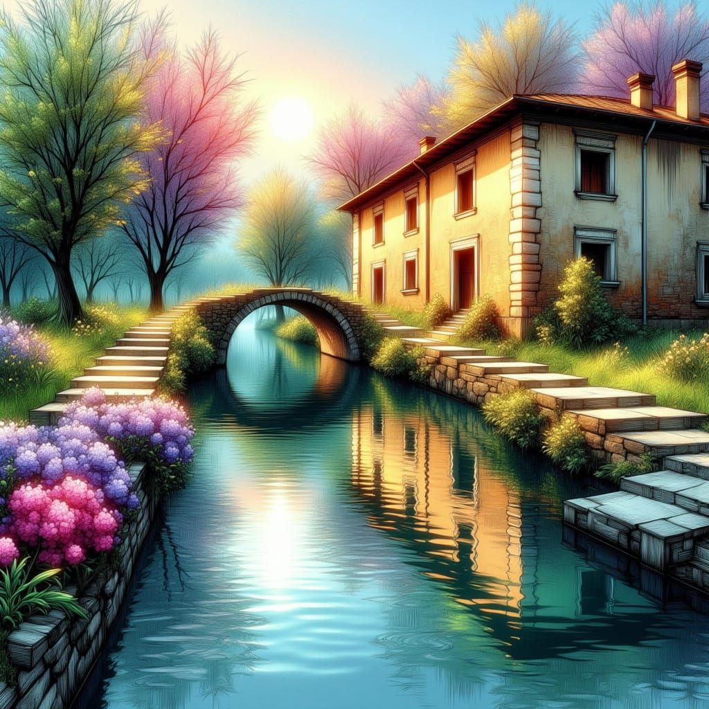 Ethereal Watercolor Villa by a Serene Canal