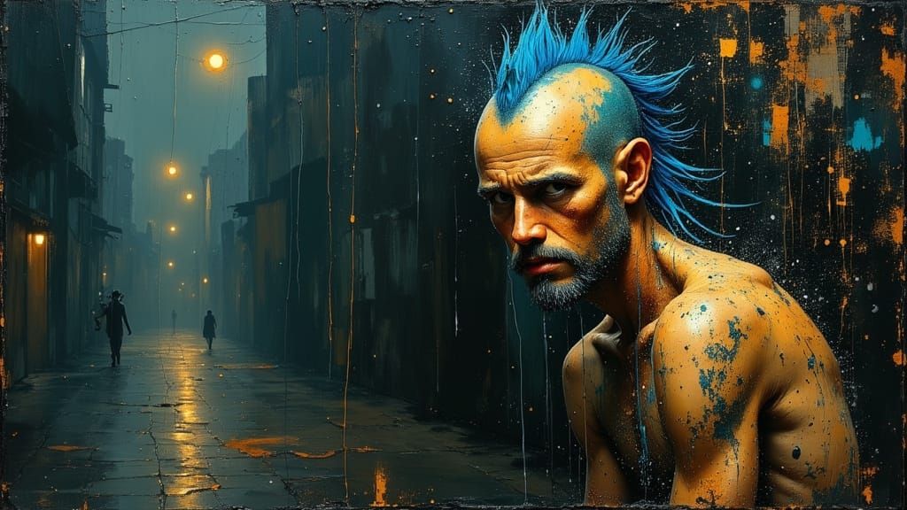 Rainy Night Street Scene: Old Man Portrait in Dark Oil Style