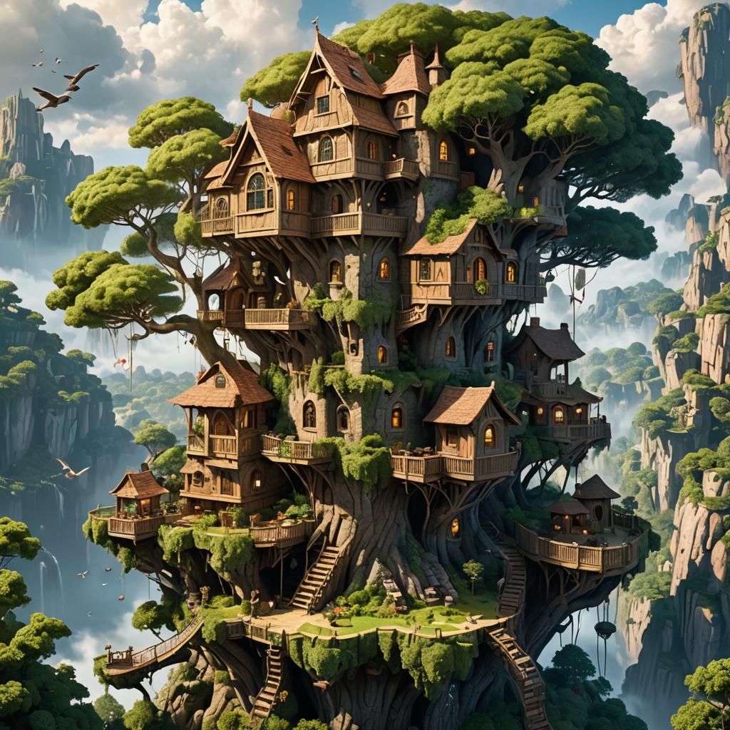 A massive elaborate treehouse on a floating island in the sk...