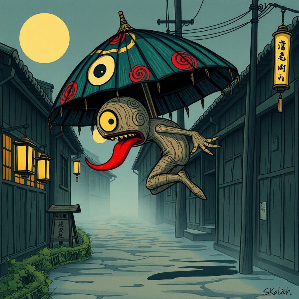 Mysterious Karakasa-Obake Yokai in Ukiyo-e Style