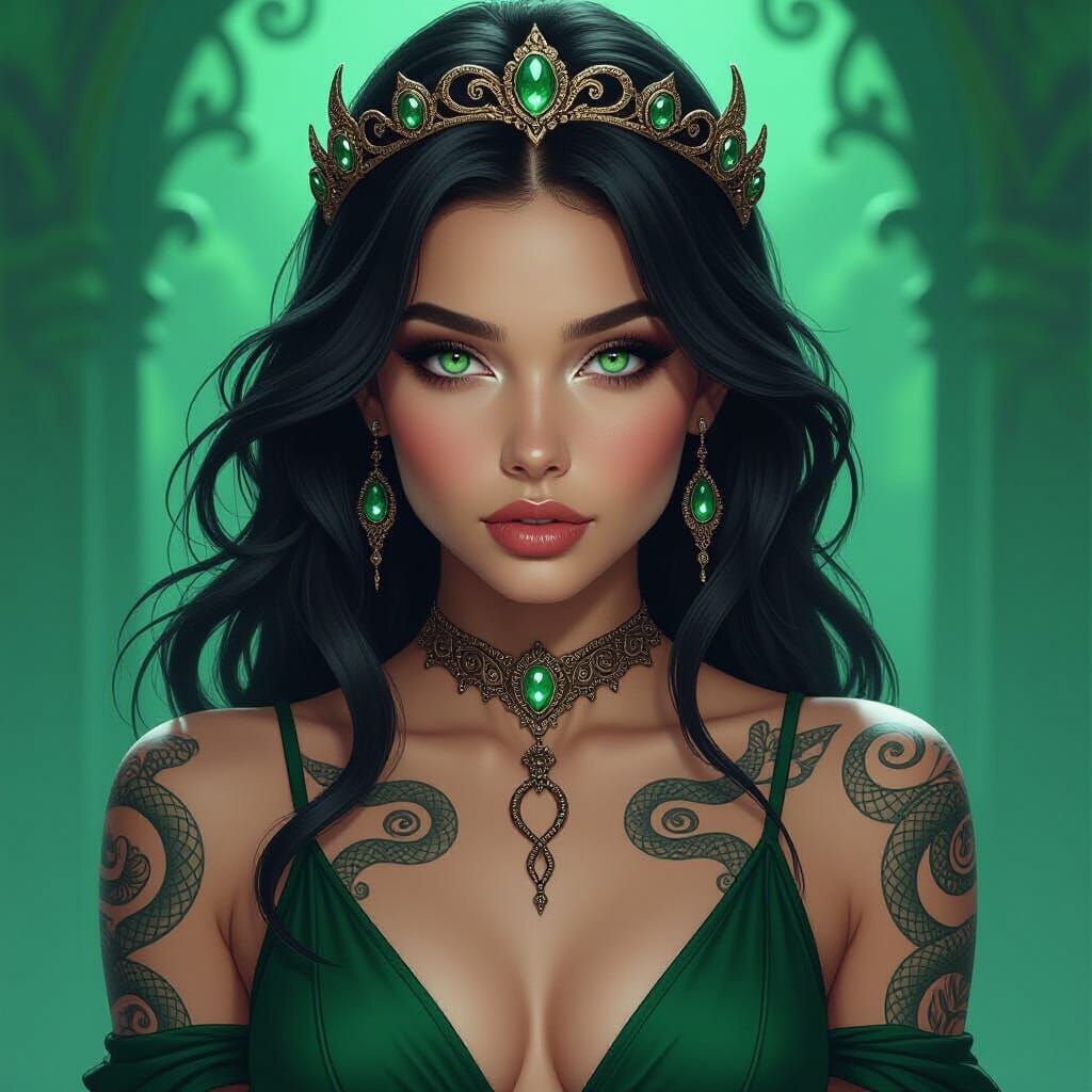Gothic Fantasy Woman with Snake Tattoos in Emerald Light