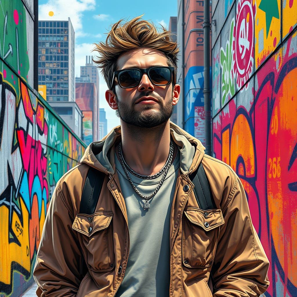 Relaxed Urban Street Artist in High-Contrast Graffiti Scene