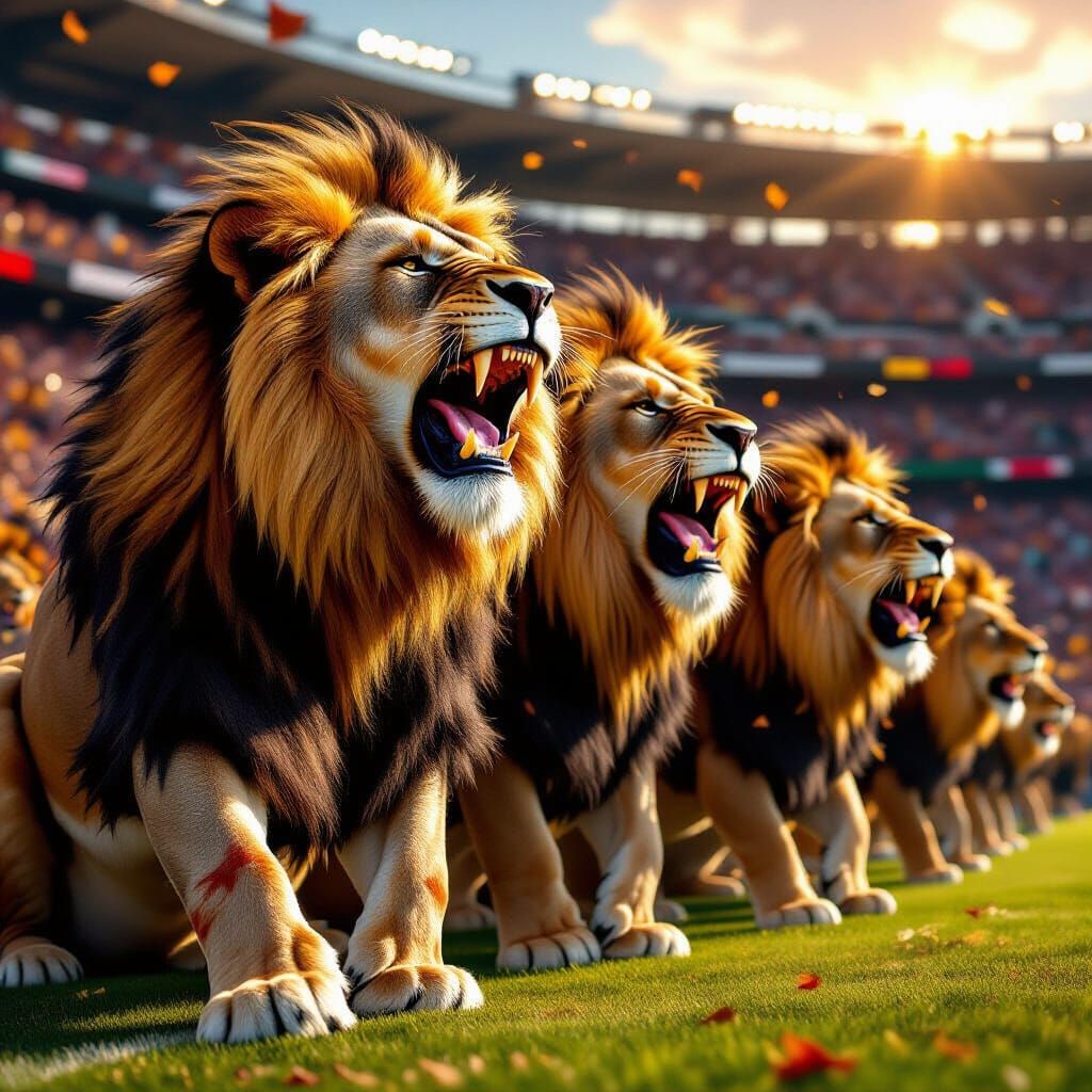 Lions Celebrate Football Victory in Hyperrealistic Digital P...