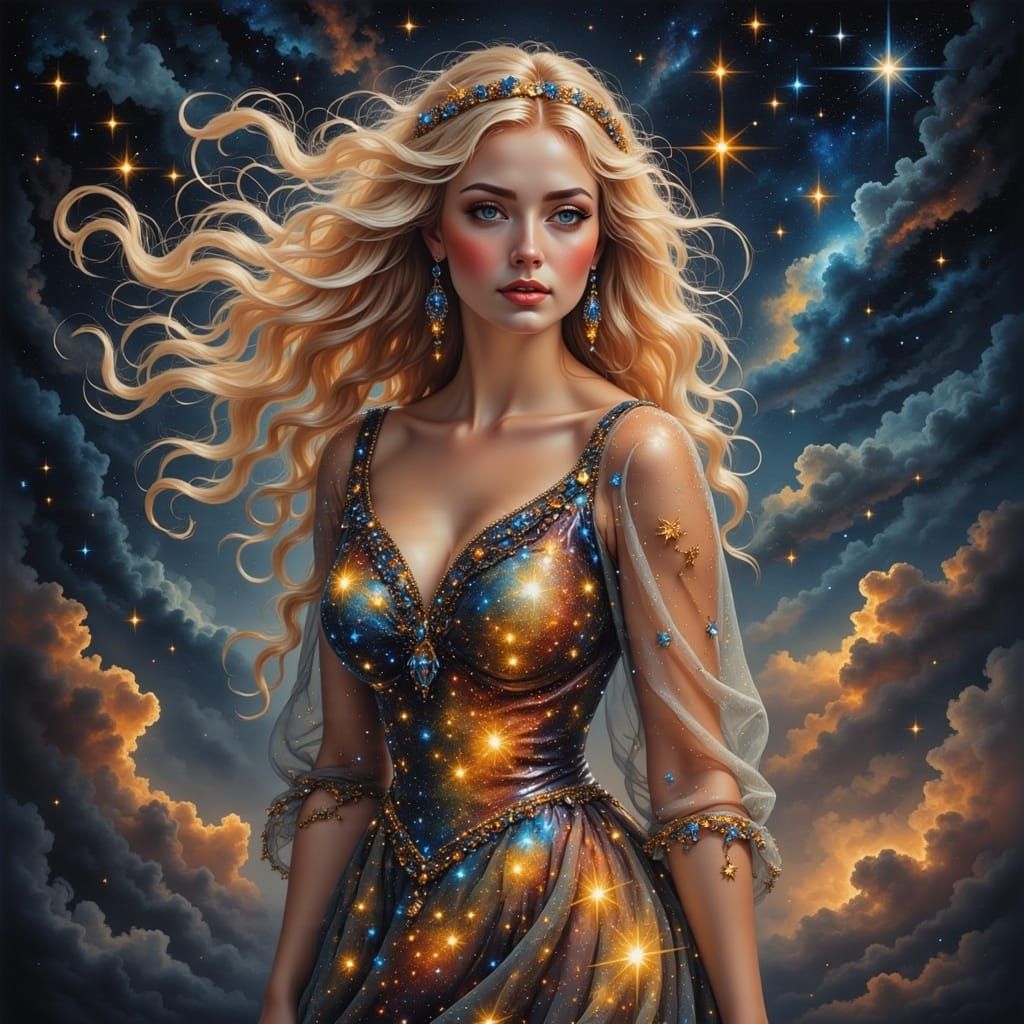 Glowing Celestial Goddess in a Starlight Gown