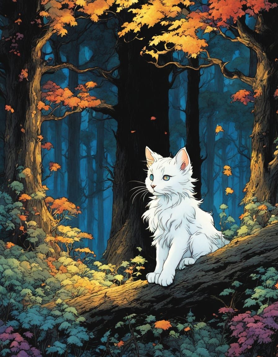 Whimsical Cartoon Kitten in a Dark Forest