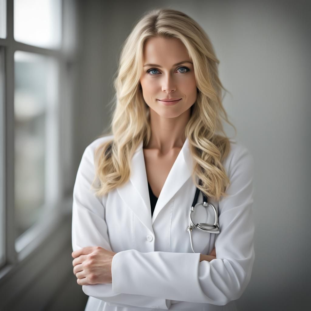 Canadian woman, blonde, pediatrician, dressed in white, thir...