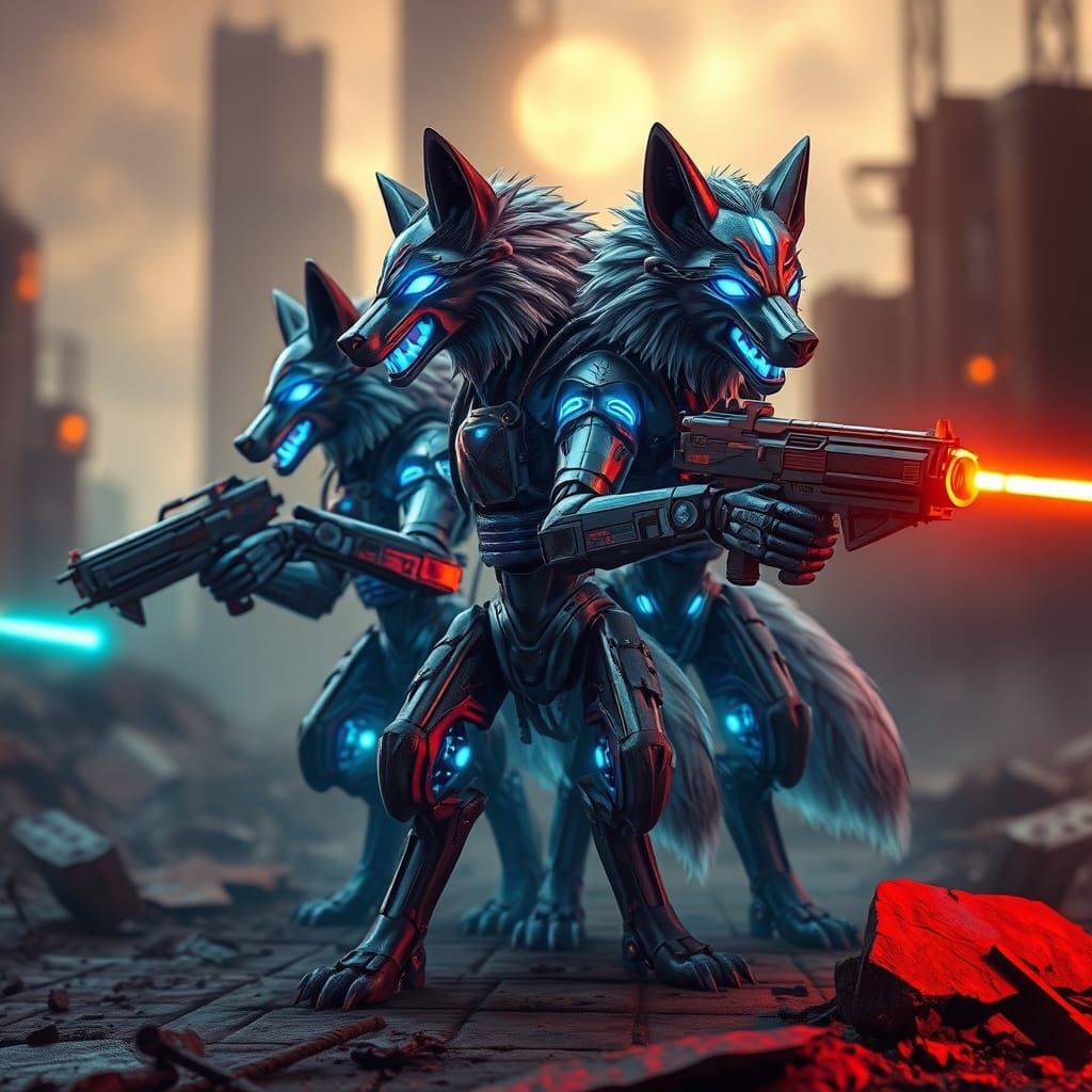 Cyberpunk Robot Wolves in High-Octane Action