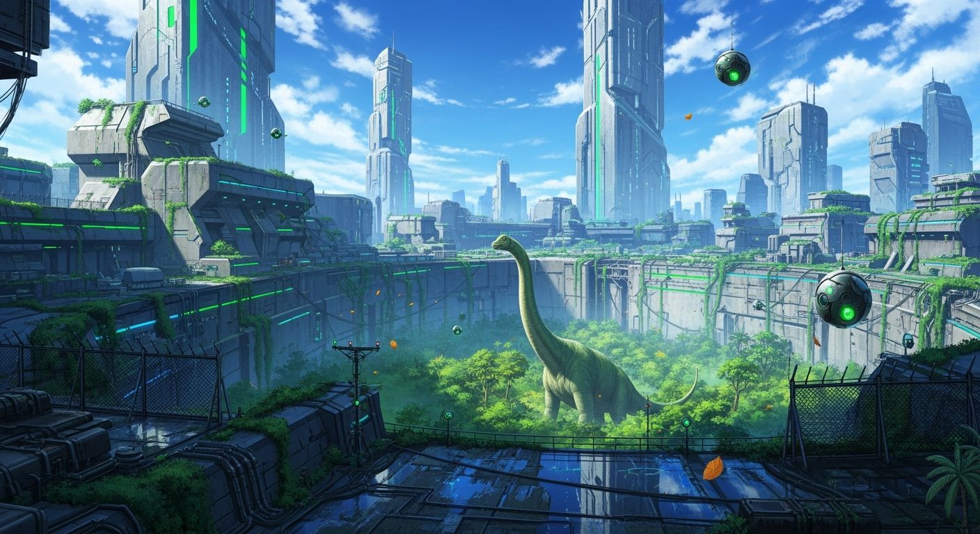 Futuristic Bunker Complex With Diplodocus In Jurassic Pit