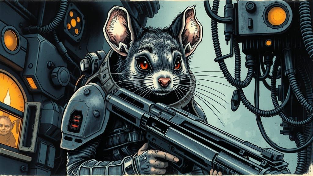 Space Soldier Mouse in Dark, Rich Ink Drawing